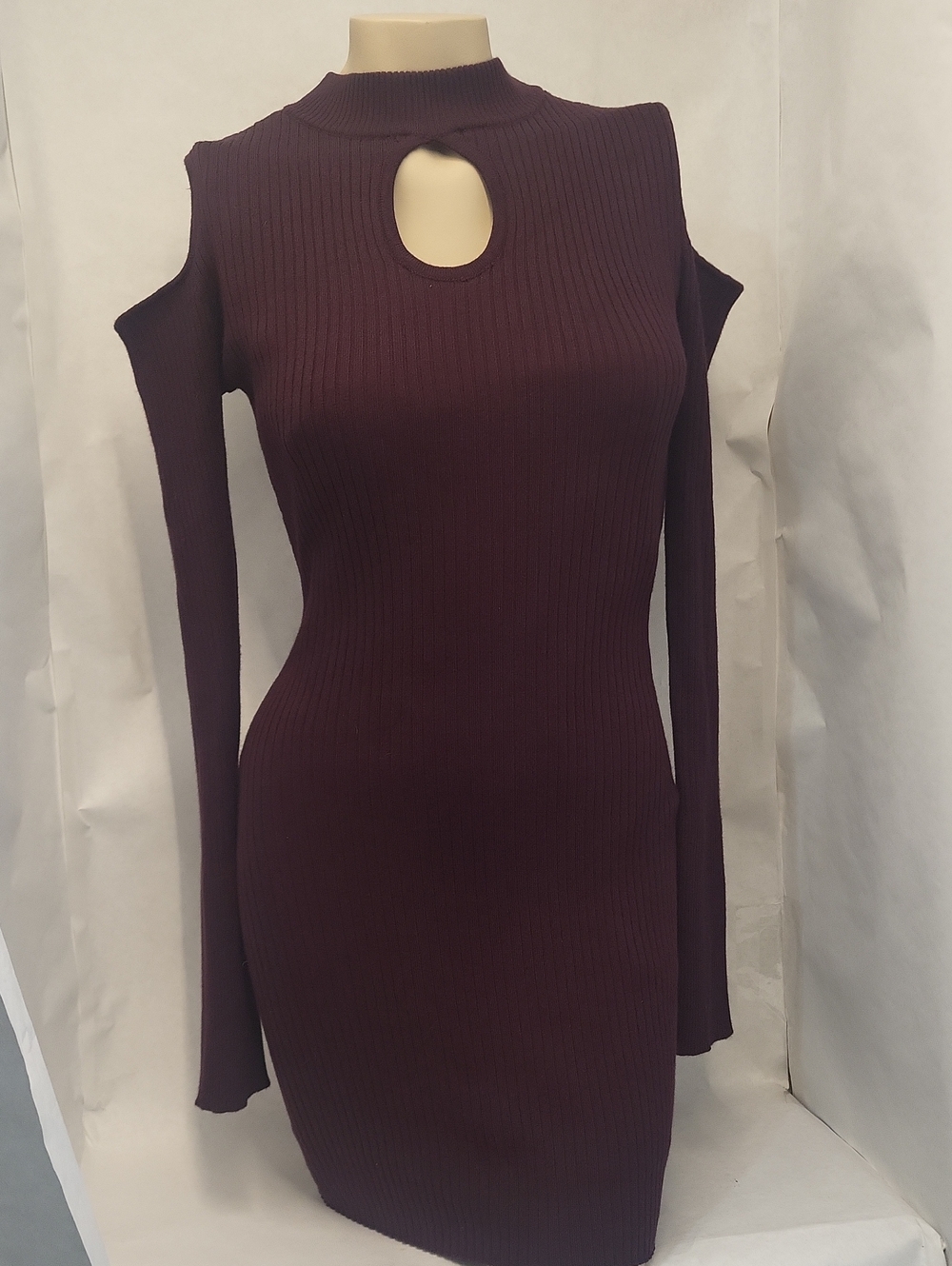 Say What? Plum Ribbed Cold-Shoulder Bodycon Dress